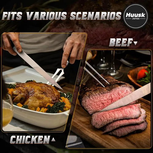 Miniatura 3 de Huusk Juego de cuchillos para tallar pavo, tenedor y cuchillo afilado para carne, barbacoa, pechuga, cuchillo japonés para rebanar con caja
