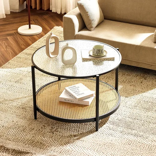 Miniatura 11 de VINGLI Mesa de Centro de Cristal, Mesa de Centro Redonda de 25.6" Dorado Champán para Sala de Estar, Mesa de Centro de Cristal de 2 Niveles con Oro