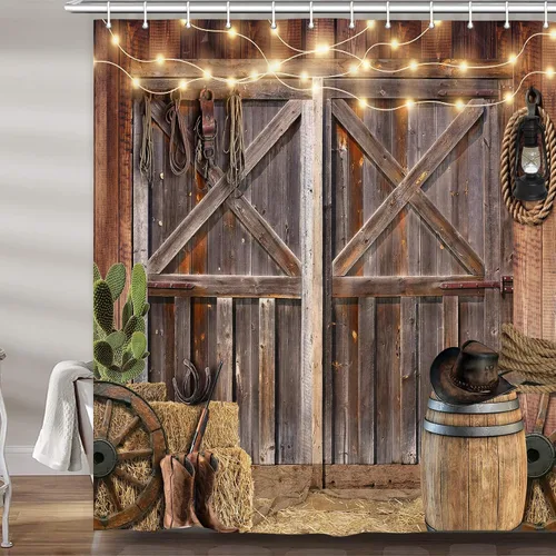 Miniatura 36 de Cortina de ducha de puerta de granero de madera rústica, 60 x 70 pulgadas, beige