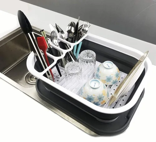 Miniatura 5 de SAMMART Escurridor de platos plegable de 3.17 galones con bandeja, juego de escurridor plegable, organizador de vajilla portátil, bandeja