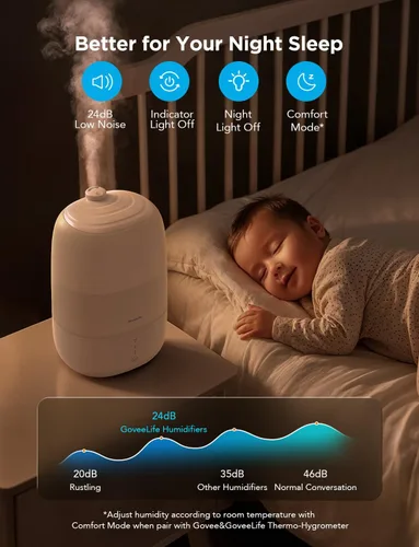 Miniatura 4 de GoveeLife Humidificadores inteligentes para dormitorio, humidificador de niebla fría de llenado superior de 3 L, tiempo de funcionamiento silencioso