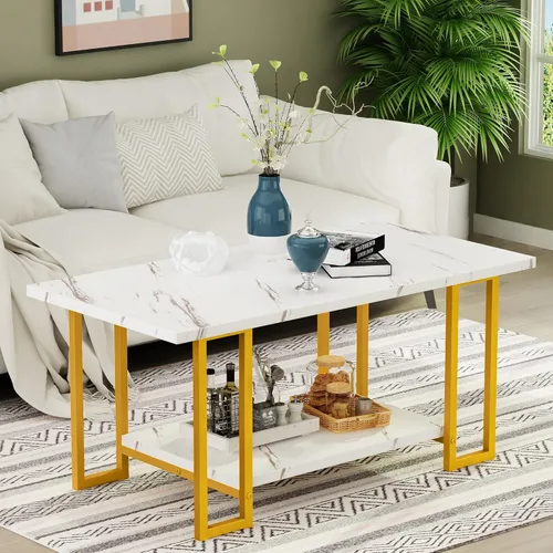 AWQM Mesa de Centro de Mármol, Mesa de Centro Rectangular con Superficie de Mármol Sintético con Marco de Metal Dorado, Mesa de Sala de 2 Niveles