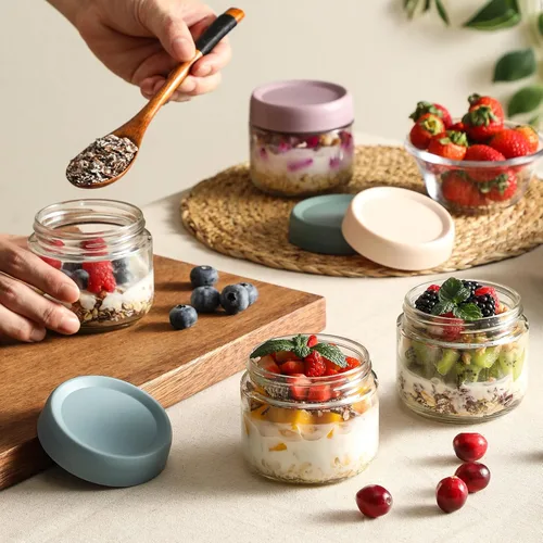 Miniatura 6 de NETANY Paquete de 6 tarros de vidrio de 8 onzas con tapas herméticas, recipientes de avena con tapas, tarros de ensalada Mason de boca ancha