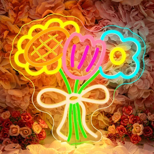 Letrero de Neón de 3 Flores, Luces LED de Neón de Flores, Blanco Frío Cálido Amarillo, Acrílico de Montaje en Pared LED Bohemio Señalización