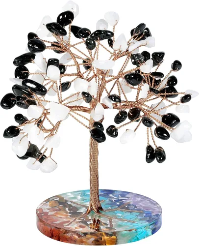 Miniatura 11 de rockcloud Árbol de dinero de alambre de cobre de cristal aguamarina con base redonda de resina colorida, árbol de piedra bonsái hecho a mano