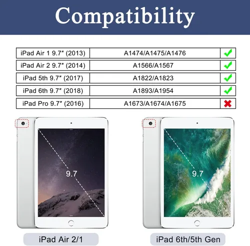 Miniatura 2 de Funda para iPad de 6ª/5ª generación de 9.7 pulgadas (2018/2017), iPad Air 2 y 1 (2014/2013), funda protectora con soporte para lápices, funda