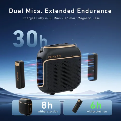 Miniatura 5 de Amplificador de voz inalámbrico con 2 micrófonos magnéticos Lavalier, carga y almacenamiento, amplificador de voz para profesores con altavoz