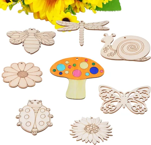 48 piezas de recortes de insectos de madera sin terminar con agujero para cabestrillo, manualidades de pintura en blanco de madera de mariposa para