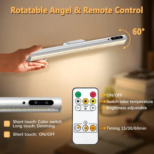 Miniatura 4 de Hapfish Tira de luces de pared que funcionan con pilas, barra de luz LED magnética recargable con control remoto, lámpara de escritorio regulable