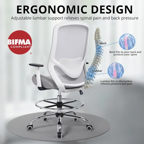 Miniatura 4 de Silla de dibujo de oficina, silla de oficina ergonómica ajustable de altura alta con reposapiés, silla de escritorio con respaldo alto
