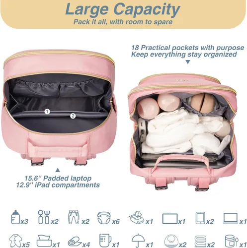 Miniatura 2 de MOMUVO Mochila para pañales, bolsa de bebé acolchada con cambiador, correas para cochecito y funda para chupete, bolsas de pañales de viaje grandes
