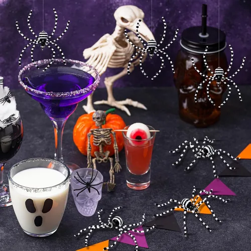 Miniatura 5 de Reallnaive 8 piezas de adornos de araña de Halloween en blanco y negro con cuentas, adornos colgantes para decoración de Halloween, regalo