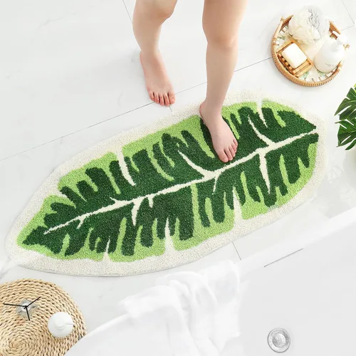 Miniatura 7 de Litabel Juego de Alfombras de Baño de Hoja Verde de 2 Piezas, Lindas Alfombrillas de Baño Antideslizantes en Forma de Monstera de Felpa, Juego