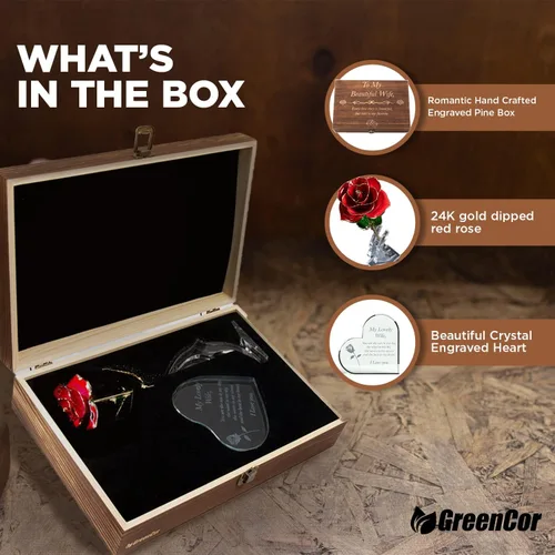 Miniatura 3 de GreenCor Juego de regalo de madera grabado para aniversario para esposa, con texto en inglés "To My Beautiful Wife", incluye corazón grabado