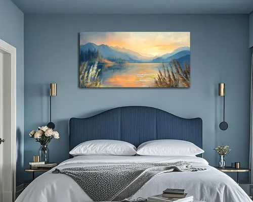 Miniatura 3 de Arjun Pintura de paisaje, puesta de sol, montaña, lago, lienzo, arte de pared, enmarcado grande, 40 x 20 pulgadas, azul suave, cálido, sereno