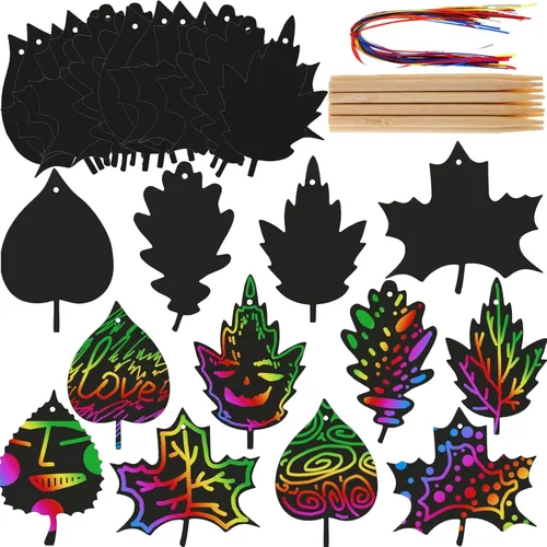 50 hojas de otoño coloridas hojas de rascar con cintas y lápiz capacitivo de madera para fiesta de cosecha de Acción de Gracias (negro)