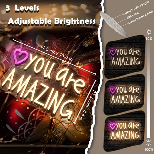 Miniatura 4 de Letrero de neón "You Are Amazing" para decoración de pared para dormitorio, aula, bar, pub, club, guardería, colgante, luz LED rosa USB regulable