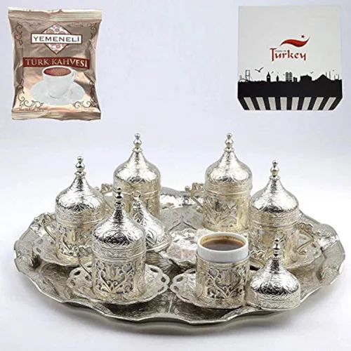 Juego de tazas y platillos de café expreso, turco, griego, árabe color plata estilo otomano (juego de 6)