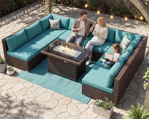 Miniatura 53 de BULEXYARD Juego de muebles de patio de respaldo alto de 7 piezas con mesa de fogata de combustible dual propano/gas natural, sofá seccional