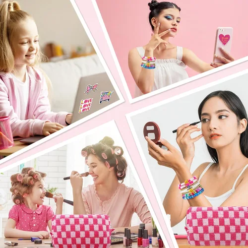 Miniatura 6 de Set de bolsa de maquillaje a cuadros Preppy con 7 pulseras Heishi y 50 pegatinas rosas, linda bolsa de viaje para cosméticos, regalos perfectos