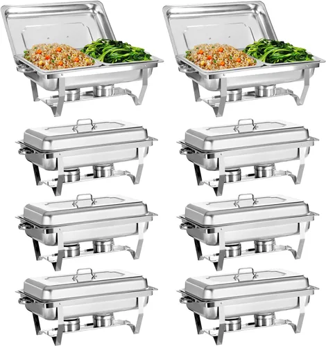 Miniatura 8 de Juego de 2 Platos Calentadores de Acero Inoxidable de Tamaño Completo de 8 Cuartos de Galón para Buffet, Juego de Calentador Rectangular Plateado