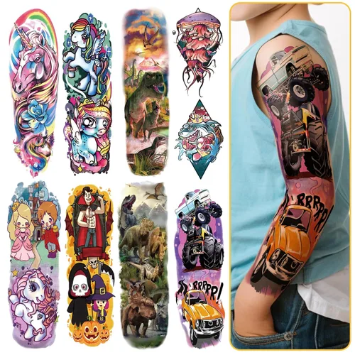 52 tatuajes temporales para niños, tatuajes falsos de manga completa, dinosaurio, monstruo, coche, planeta, araña, tiburón, para niño, princesa,