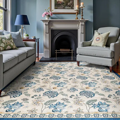 Miniatura 35 de Jinchan Fiora - Alfombra redonda de 8 pies, alfombras vintage con diseño floral envejecido, lavable a máquina, antideslizante, de pelo bajo, Azul