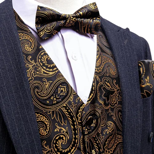 Miniatura 42 de Barry.Wang Conjunto de chaleco de pajarita para hombre, chaleco con cuello en V de seda jacquard de cachemira, gemelos de pañuelo formal/ocio, boda