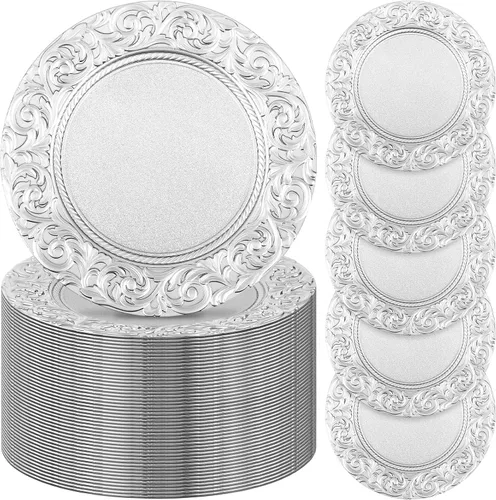 Miniatura 16 de Uiifan 24 Piezas Platos Base Antiguos a Granel 13'' Platos de Plástico en Relieve para Cena Platos Base Redondos Florales para Boda Cargadores Dorado