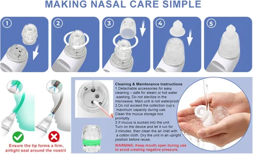 Miniatura 5 de Aspirador nasal eléctrico para bebé, ventosa de nariz impermeable para niños pequeños, limpiador de nariz con 3 puntas de silicona, 3 niveles