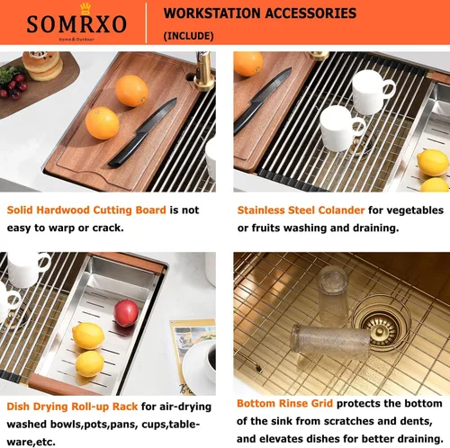 Miniatura 6 de Fregadero de cocina dorado de 32 x 19 pulgadas, acero inoxidable de calibre 16, fregadero de cocina dorado de 10 pulgadas de profundidad, incluye