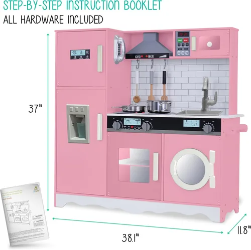 Miniatura 6 de Lil' Jumbl Juego de cocina rosa para niños, cocina de juego de madera de simulación, máquina de hielo a pilas, microondas, campana extractora