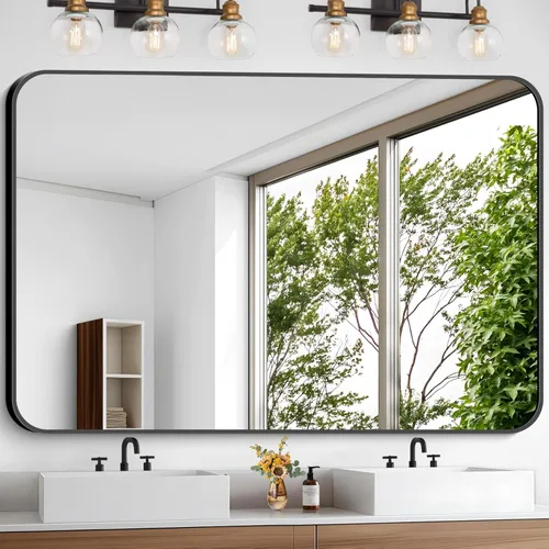Miniatura 42 de Espejo de baño de 18 x 24 pulgadas con marco de metal negro rectangular, espejo de tocador rectangular de esquinas redondeadas, espejo de pared