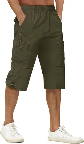 TACVASEN Pantalones casuales de algodón elásticos por debajo de la rodilla 34 largos pantalones cortos tipo cargo con 7 bolsillos (sin cinturón)