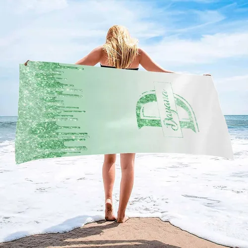 Miniatura 11 de InterestPrint Toalla de playa personalizada para mujeres y hombres, con texto dorado brillante, color verde, toallas de playa personalizadas
