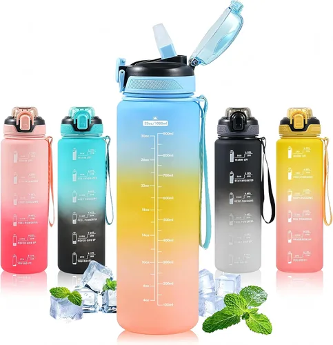 Miniatura 15 de Botella de agua deportiva con popote, botellas de agua de 32 onzas con marcador de tiempo para niños y niñas, botella de agua simple y moderna
