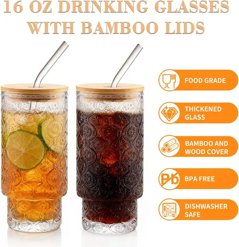 Miniatura 3 de Vasos de vidrio vintage con tapas y pajitas de bambú de 16 onzas, vaso vintage en relieve floral tazas de vidrio para whisky, cerveza, tazas de café