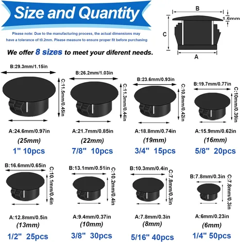 Miniatura 2 de Tnisesm 200 piezas 8 tamaños tapones de agujero de plástico de nailon negro 1/4" 5/16" 3/8" 1/2" 5/8" 3/4" 7/8" 1" agujero redondo de taladro