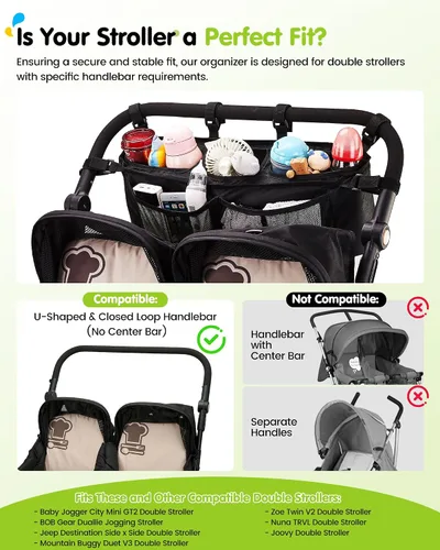 Miniatura 6 de Organizador de cochecito doble con 11 compartimentos para Bob Duallie, Baby Jogger City Mini GT2, organizador doble para cochecito, Jeep, accesorios