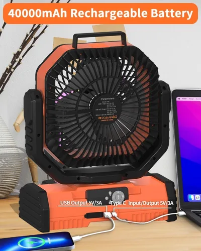 Miniatura 9 de ADUST Ventilador de campamento de 12 pulgadas, funciona con pilas, con linterna LED, ventilador oscilante portátil recargable de 44000 mAh
