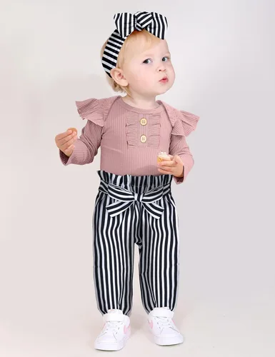 Miniatura 2 de KANGKANG Ropa de bebé recién nacida, mameluco acanalado con mangas con volantes + pantalones florales + diadema lindo traje de bebé niña 3 piezas