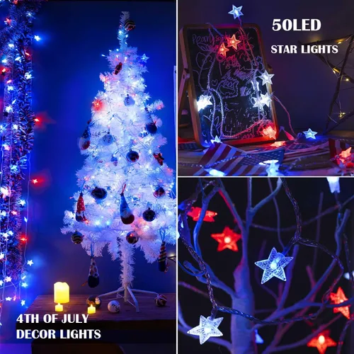 Miniatura 3 de Luces decorativas del 4 de julio, color rojo, blanco y azul, funciona con pilas, 50 LED, cadena patriótica de estrellas de 20 pies, 8 modos