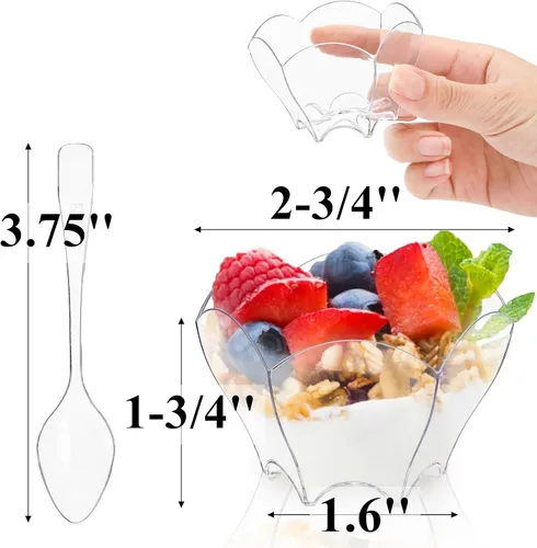 Miniatura 2 de Tebery Paquete de 100 mini tazas de postre Parfaits con 100 cucharas, cuenco pequeño transparente de 2.5 onzas para probar postres de fiesta