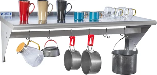 Miniatura 10 de Hally Estante de Acero Inoxidable con 6 Ganchos 12" x 36" Estante para Ollas Montado en Pared, Estantería Flotante Comercial NSF para Almacenamiento