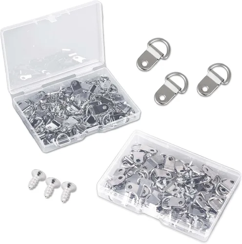 Miniatura 3 de Juego de 50 ganchos de anillos en D, resistentes y pequeños anillos en D con 50 tornillos chapados en níquel, marco de fotos, kit de alambre