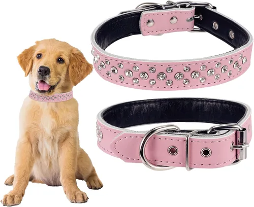 Collares de piel auténtica con diamantes de imitación para perros pequeños y medianos de 1 pulgada de ancho Rosado