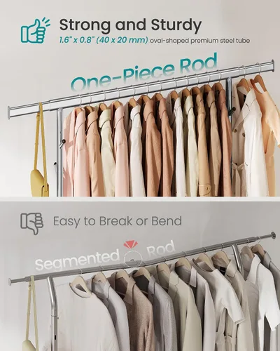 Miniatura 3 de SONGMICS Perchero de Ropa, Perchero de Ropa Rodante de Servicio Pesado con Ruedas, Barra Colgante Extensible y Altura Ajustable, Portátil, con Plata