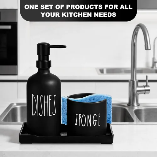 Miniatura 6 de Dispensador de jabón para platos para cocina, dispensador de jabón de platos de vidrio con soporte para esponja, juego de dispensador negro
