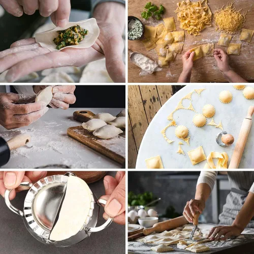 Miniatura 6 de Juego de ruedas de corte de raviolis de 5 piezas, fabricantes de raviolis con rodillo, juego de cortador de sellos de raviolis con mango de madera