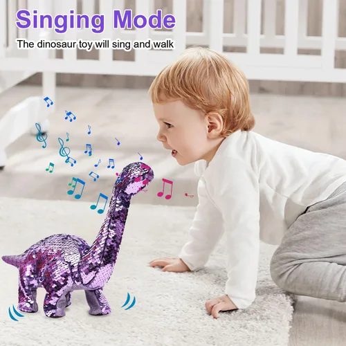 Miniatura 4 de Juguetes de dinosaurio para niñas, juguete de dinosaurio caminante de lentejuelas con control remoto, ruge, canta, camina y repetición, juguete